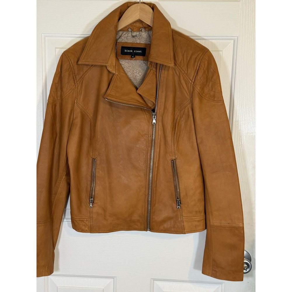 Black Rivet Women's Brown Leather Biker Jacket Full Zip Lined Pockets Size XL